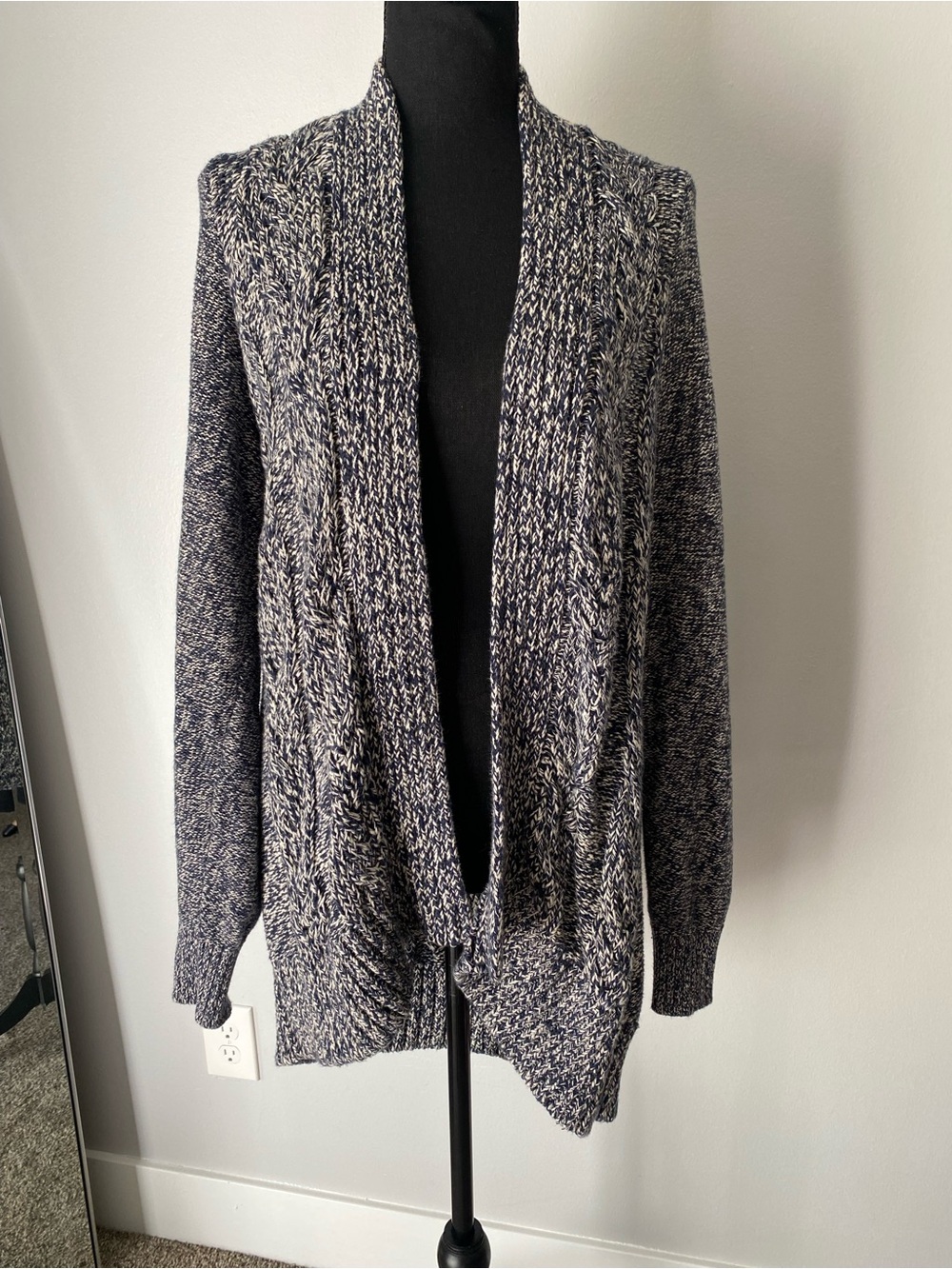Lands' End Navy and Cream Marled Open-Front Cardigan
